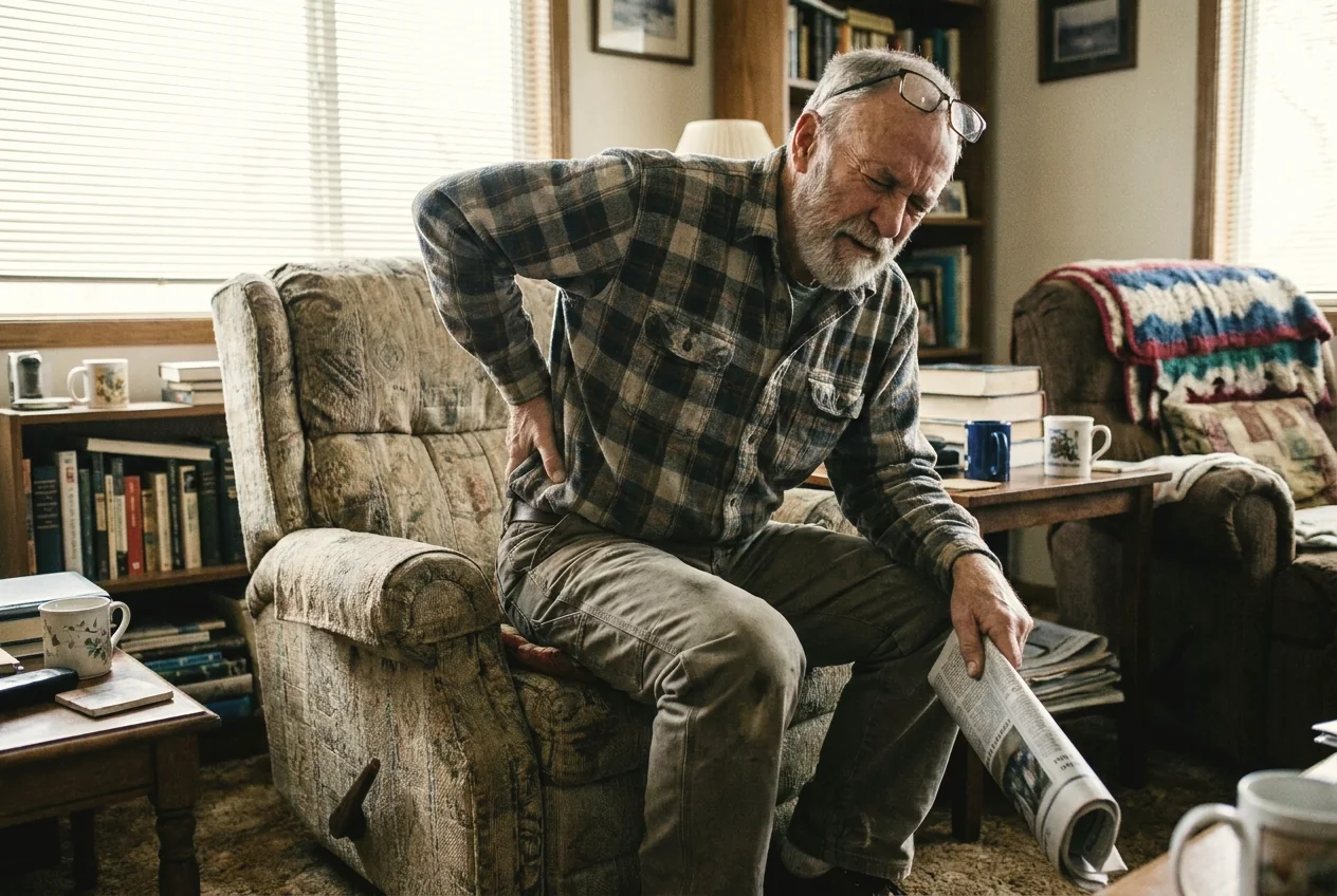 A man living with chronic back pain, standing carefully at a window