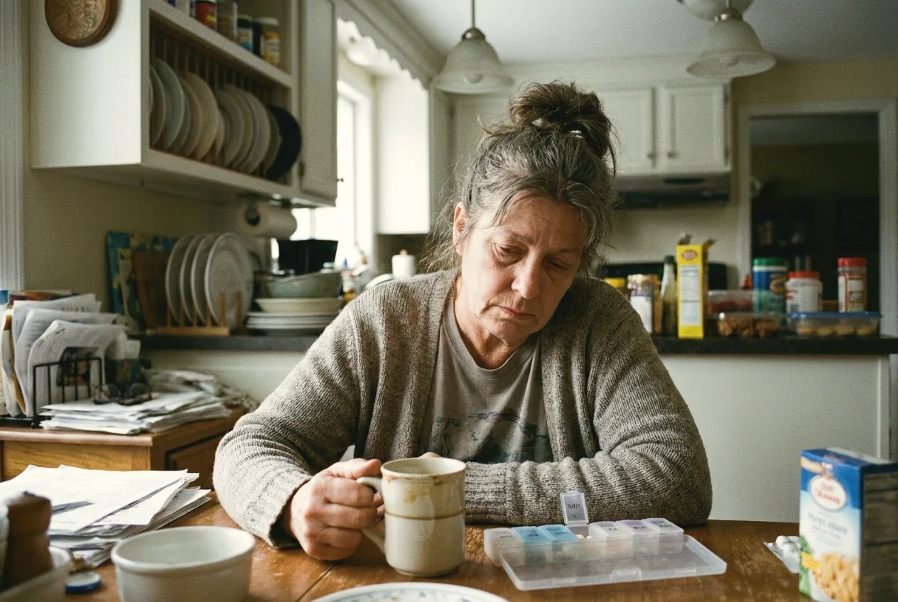A woman living with chronic fatigue and brain fog, sitting in morning light