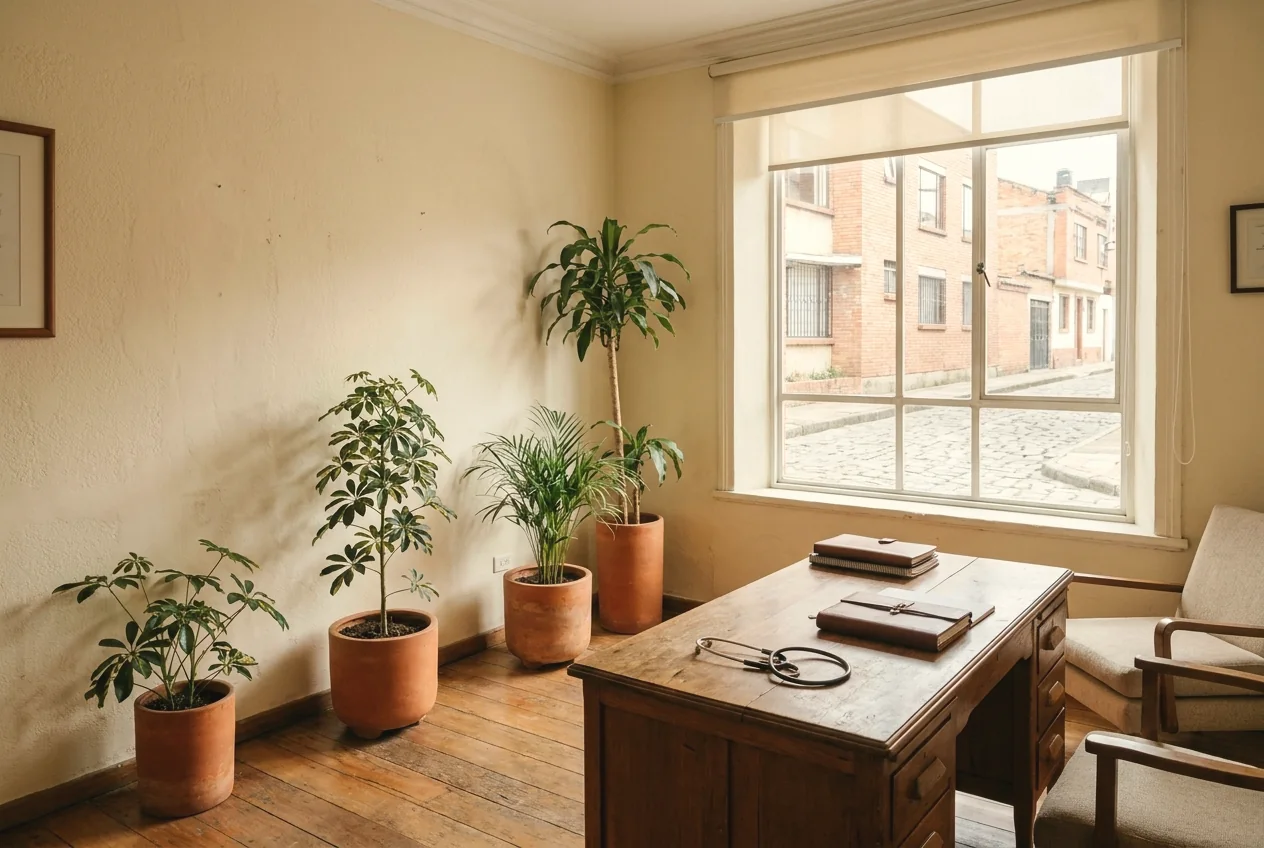 Warm, softly lit private consultation room in Bogotá, Colombia