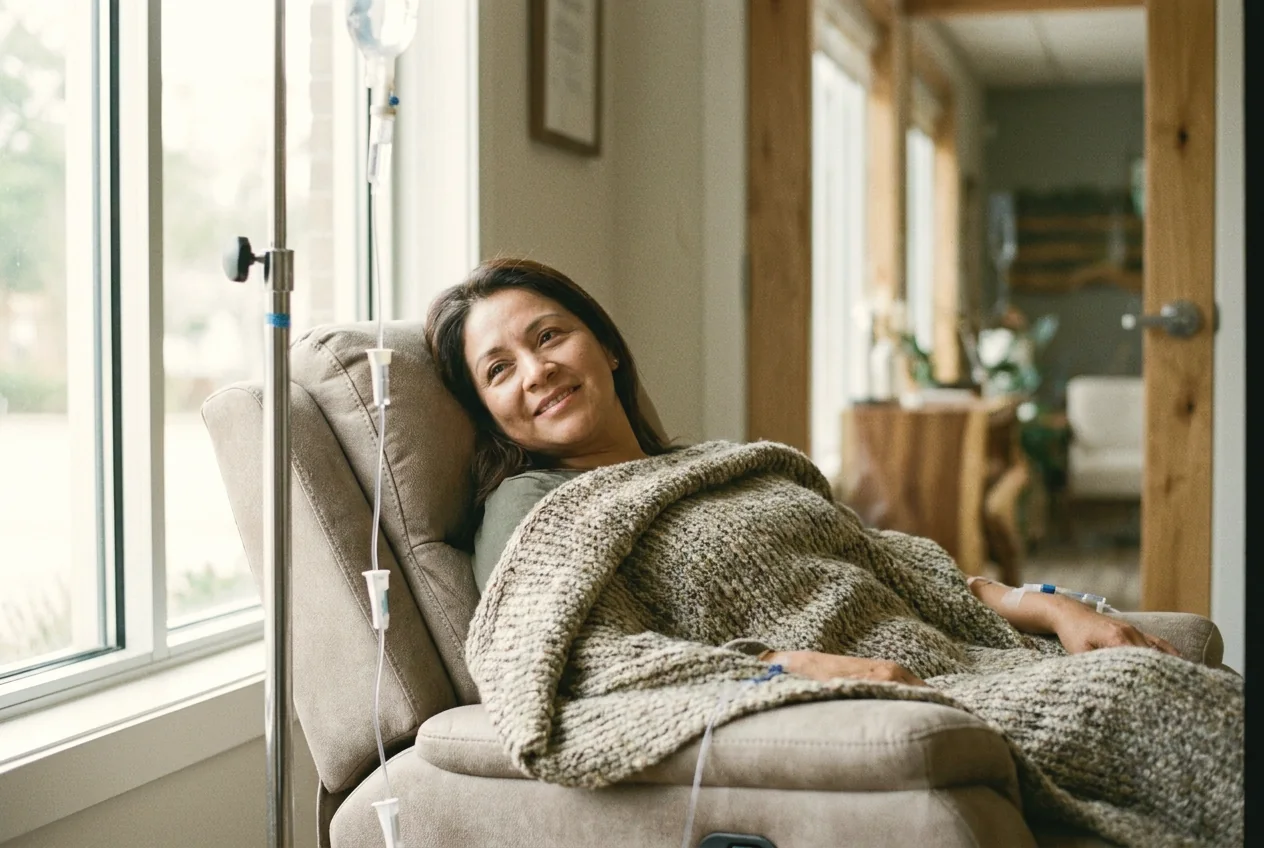 Patient resting comfortably during IV therapy in a warm clinic room